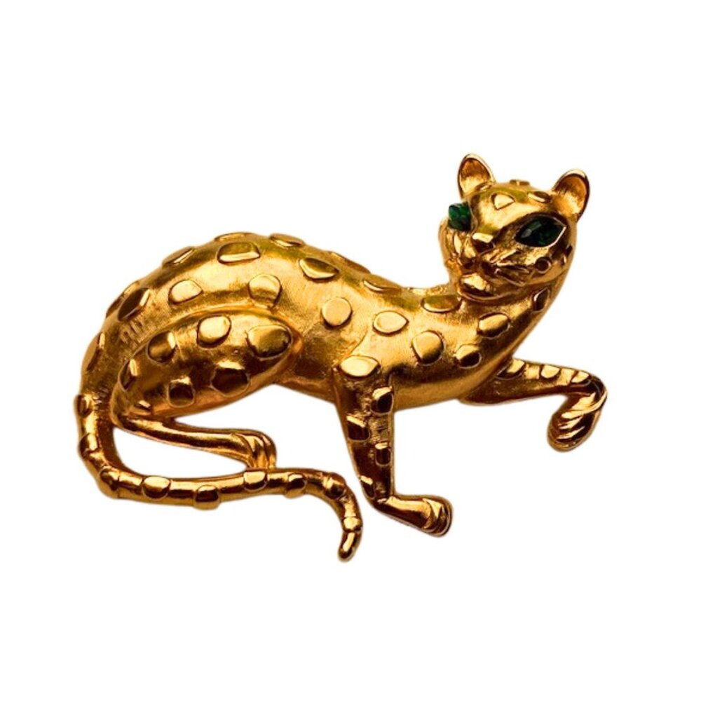 Vintage Crown Trifari Gold Leopard Cat Brooch with Box
